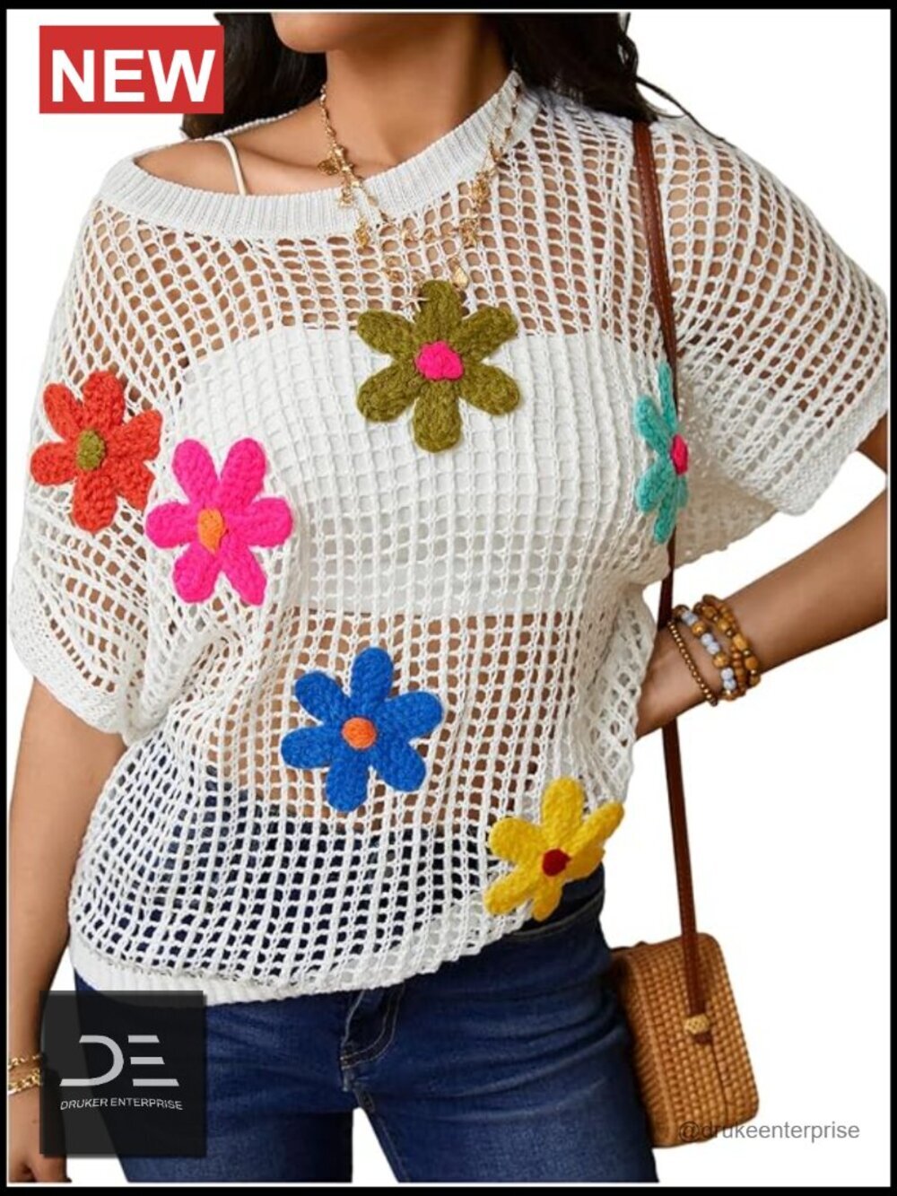 Floral Crochet Hollow Out Dolman Sleeve Pullover Sweater Boho Top